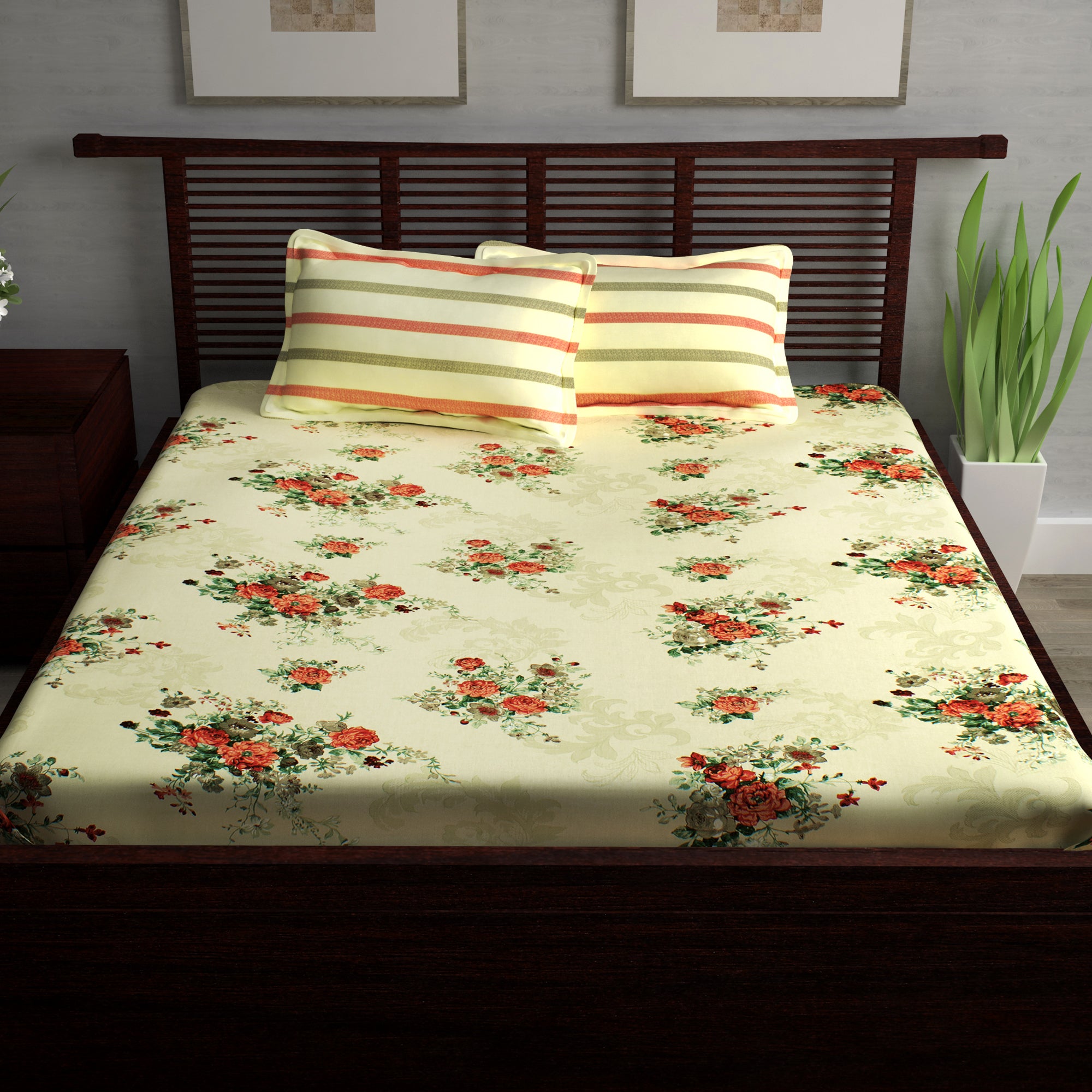 Metro Cotton Double Bedsheets Combo - 186 TC- Grey and Cream/Orange - Floral