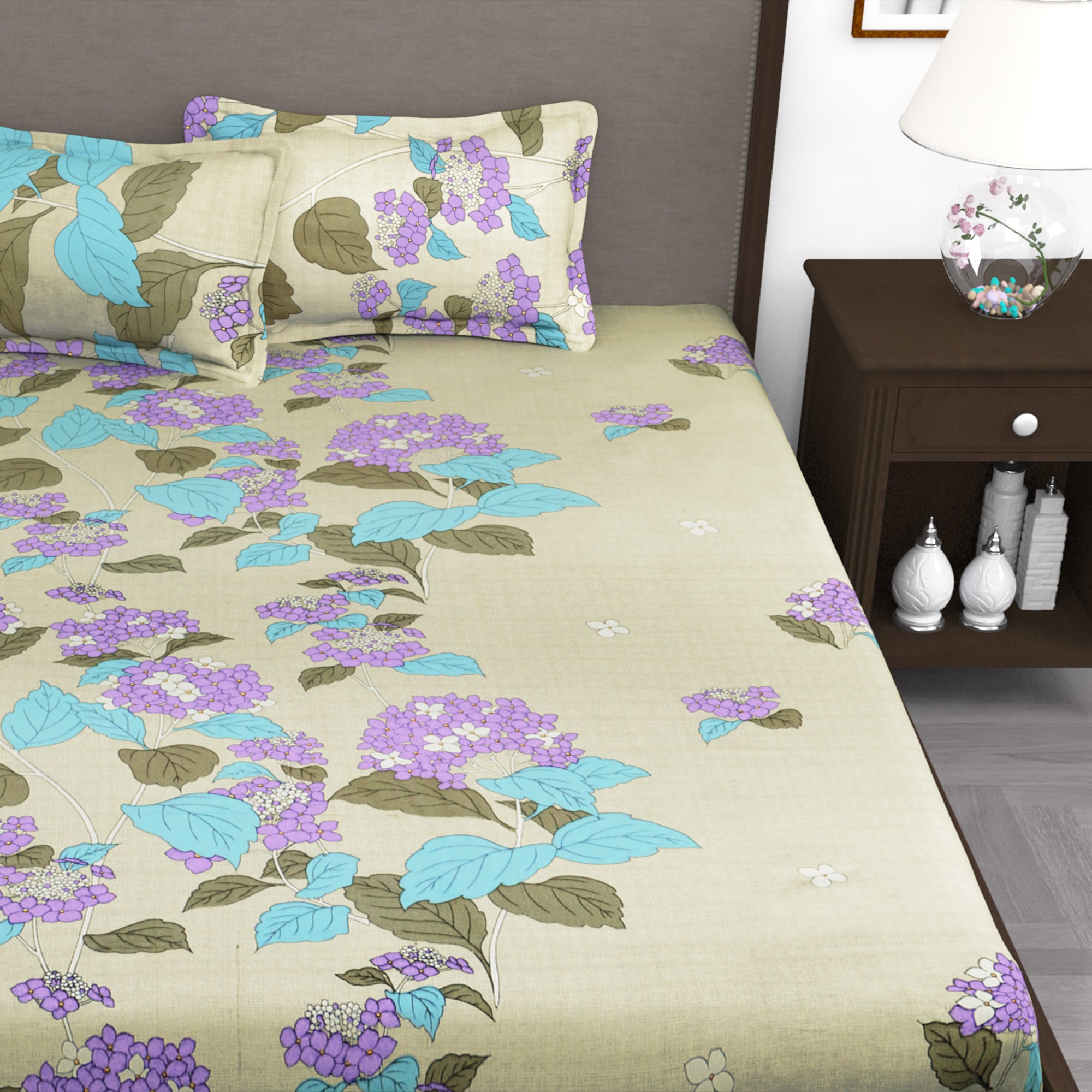 300 TC Light Green Floral 1 King Size Bedsheet With 2 Pillow Cover