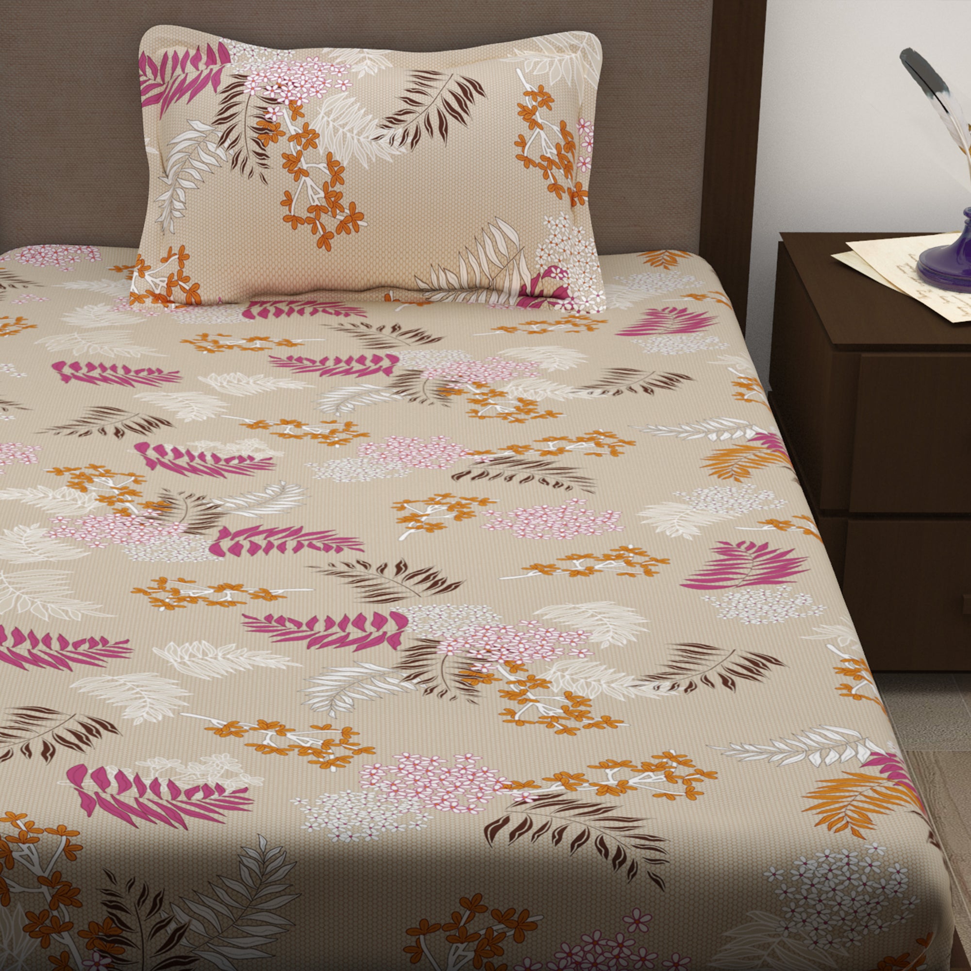 Story@Home 210 TC 100% Cotton Pink Peach Floral 2 Single Bedsheet Combo with 2 Pillow Covers