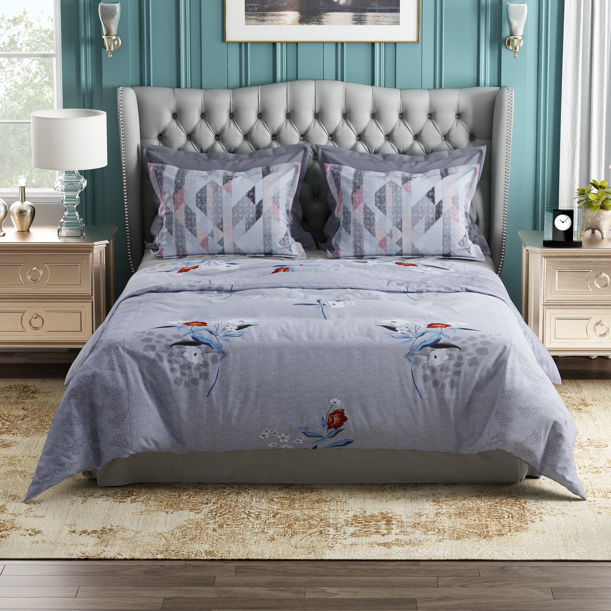 Studio Luxurious 144 TC 100% Cotton Ivory Blue Double Bedsheet