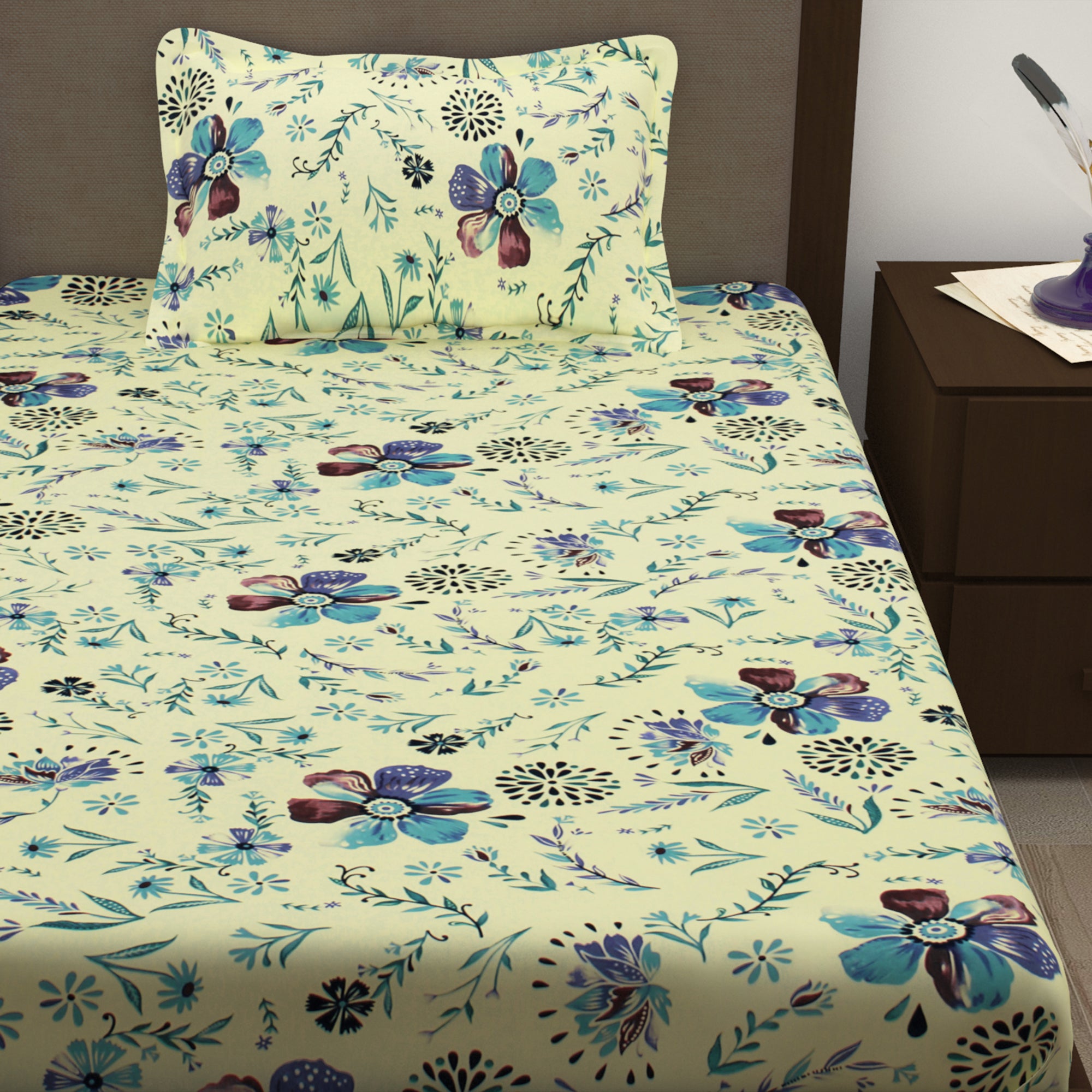 Story@Home 210 TC 100% Cotton Cream Yellow 2 Single Bedsheet Combo with 2 Pillow Covers