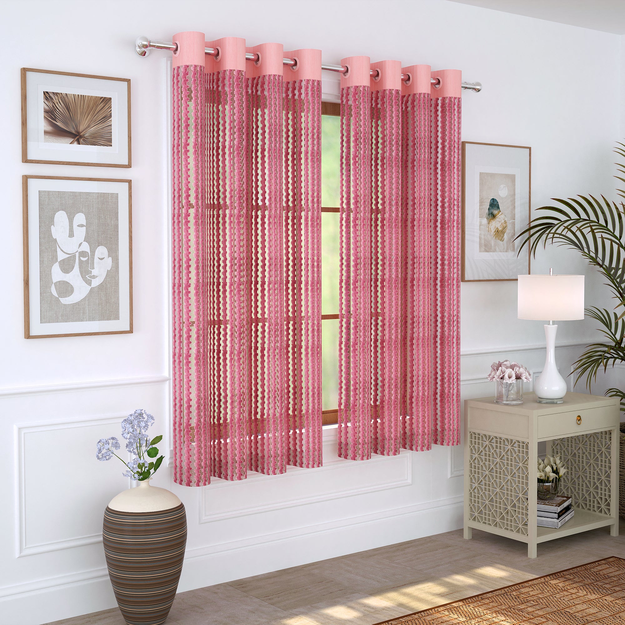 2 Pcs Pink Aura Sheer Net Polyester Window/Door/Long Door Curtains
