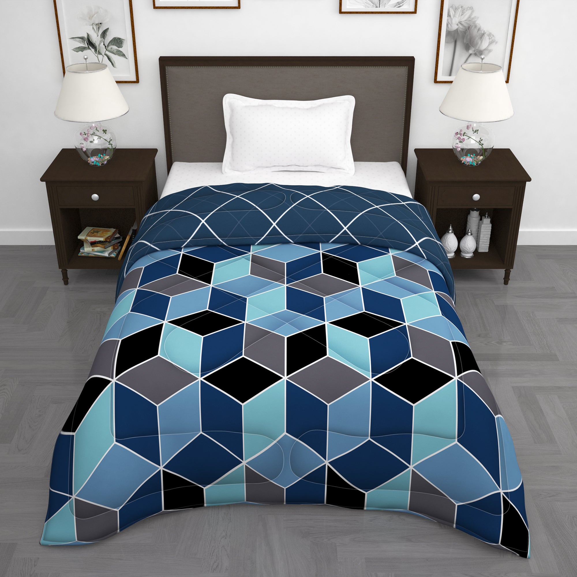 180 GSM Blue Hexagon Microfiber Fusion Reversible Single Comforter