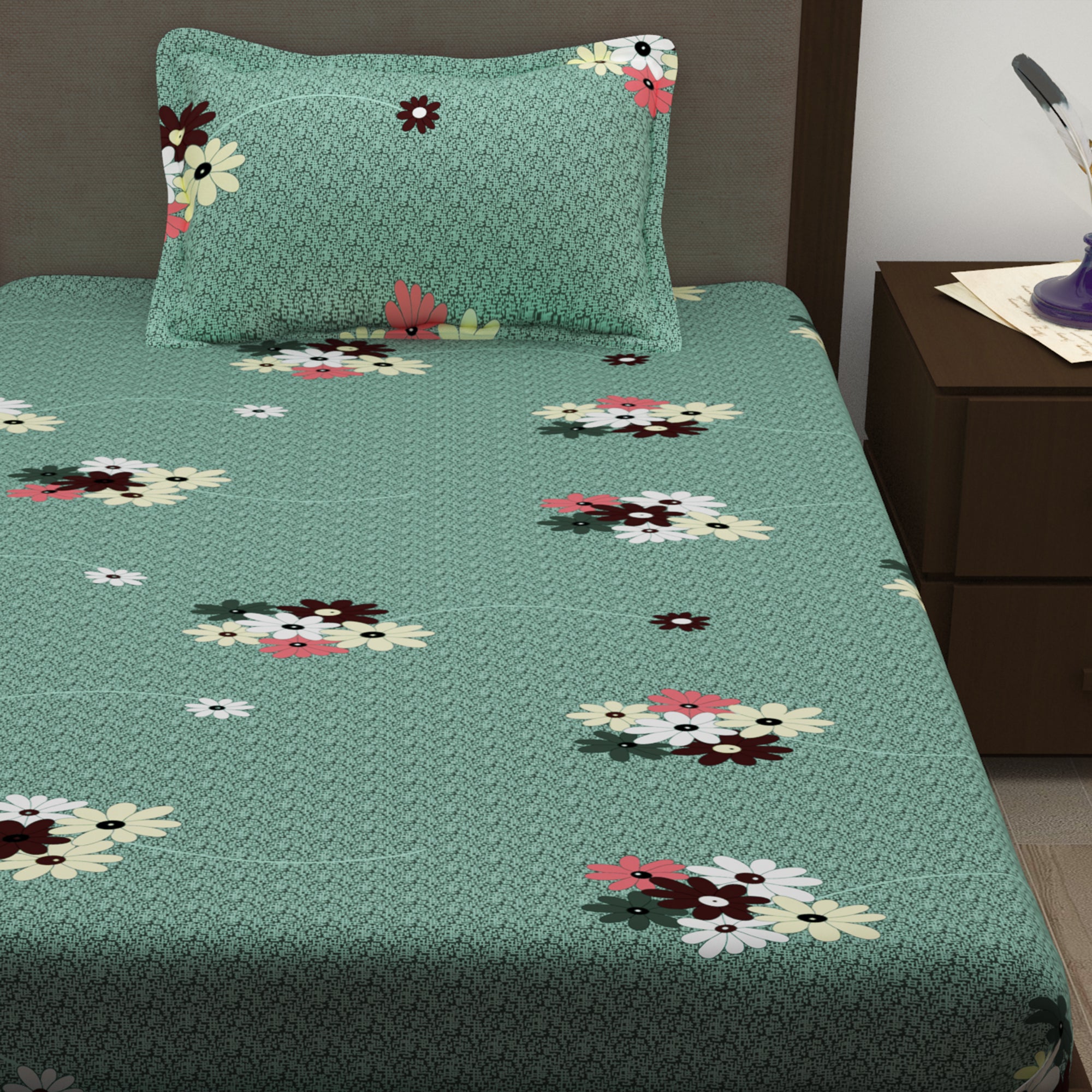 Story@Home 210 TC 100% Cotton Grey Floral 2 Single Bedsheet Combo with 2 Pillow Covers