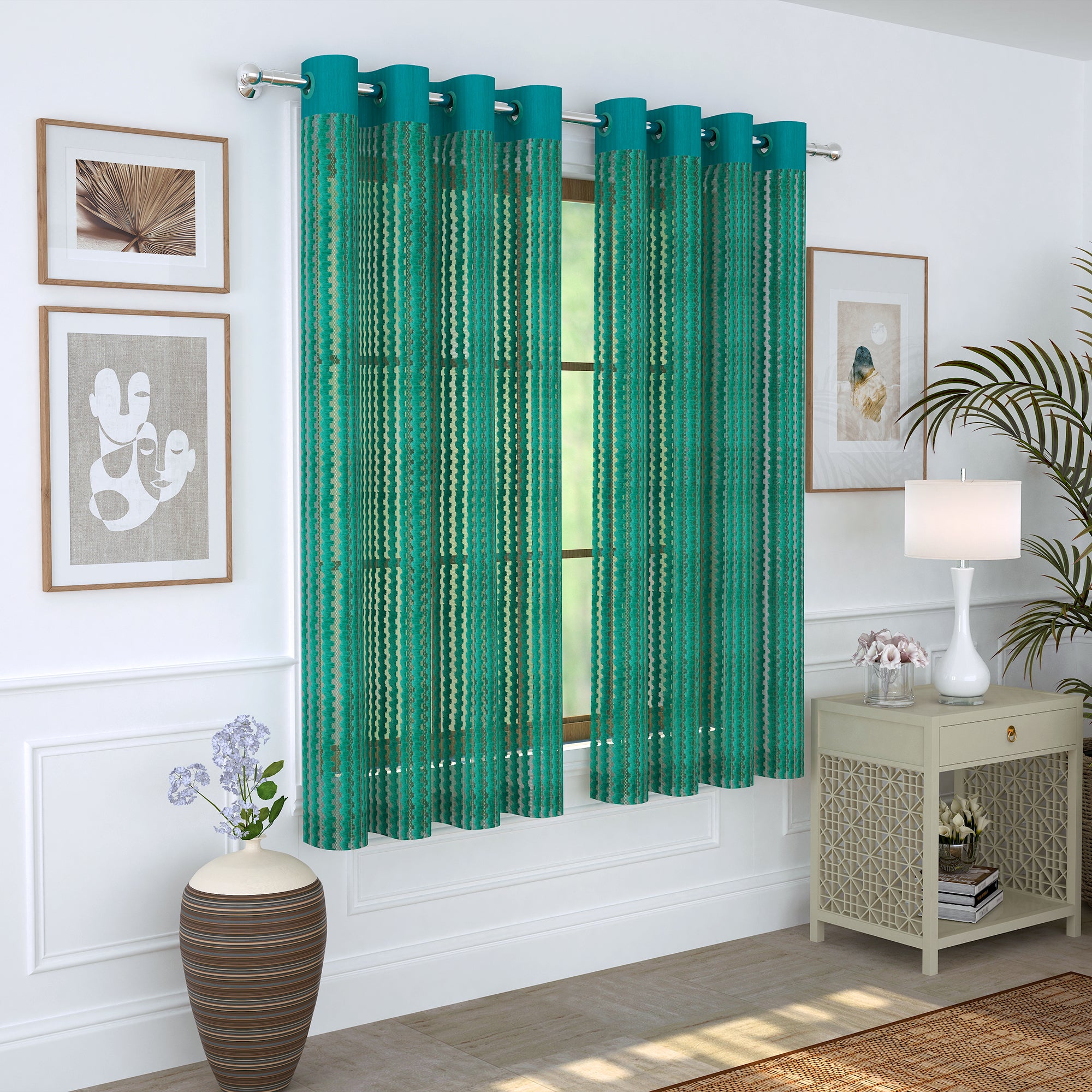 2 Pcs Teal Aura Sheer Net Polyester Window/Door/Long Door Curtains