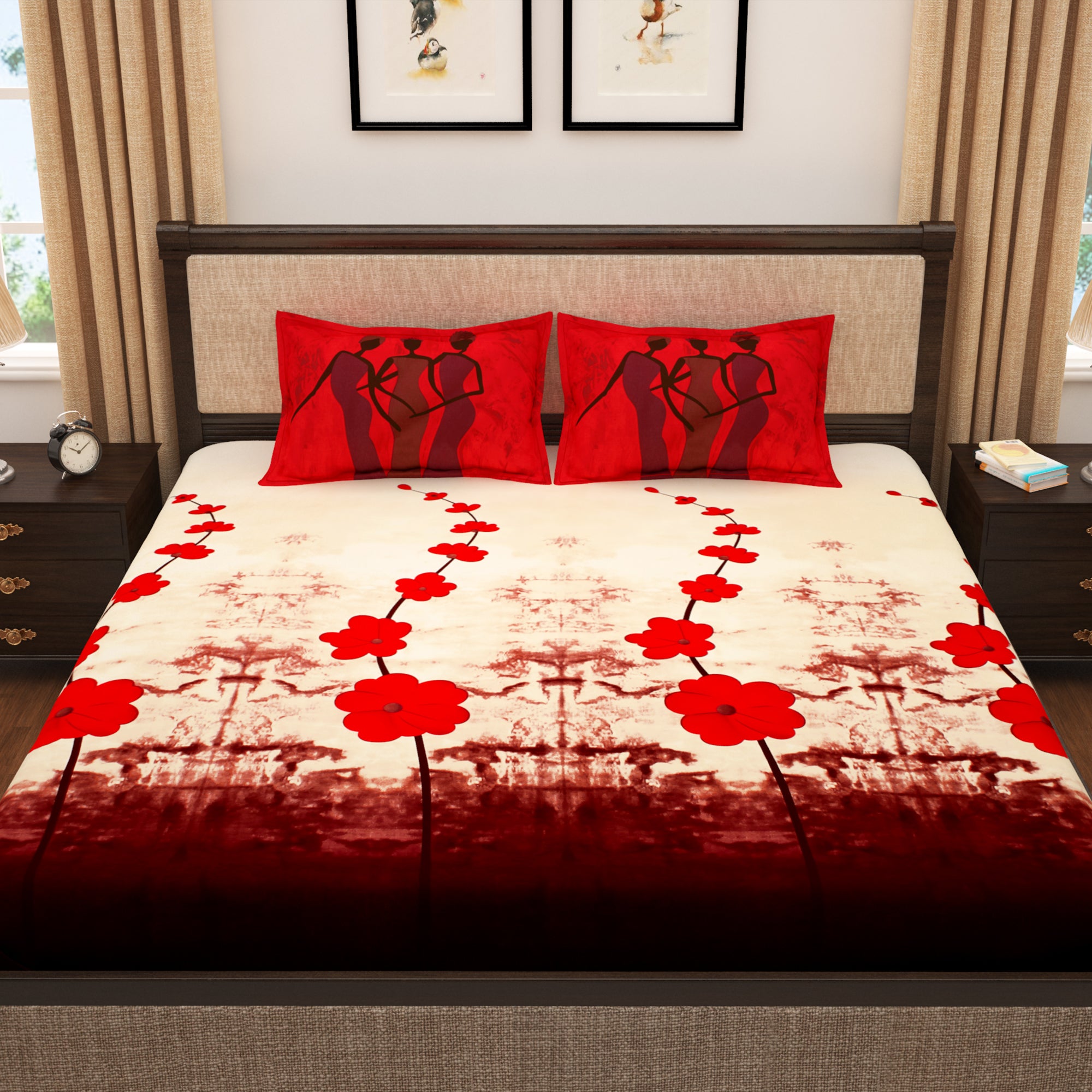 Pure Cotton Cream and Red  300 TC  Tevel King Size Bedsheet