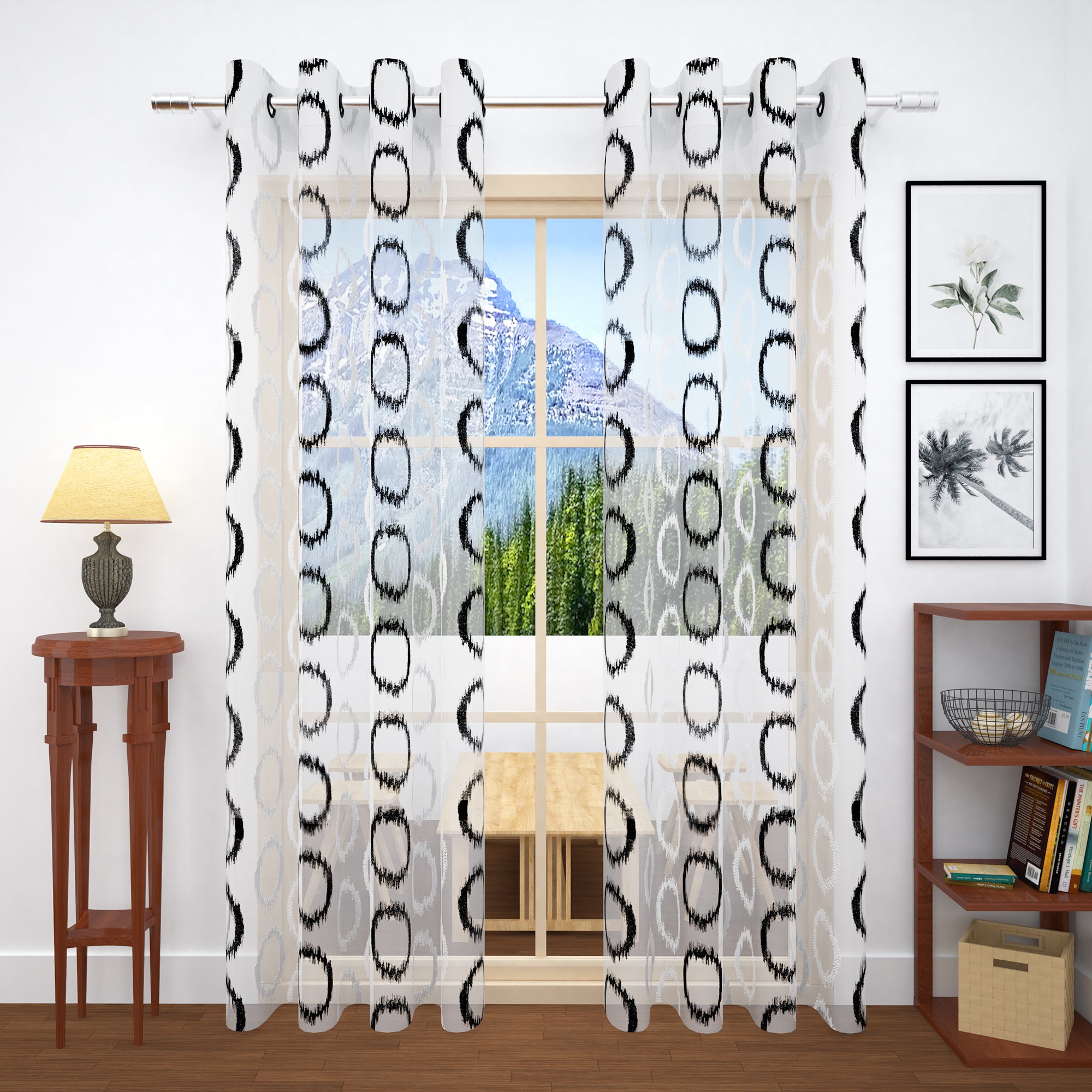 2 Pcs Black & White Imagica Sheer Door Curtain, 7 ft