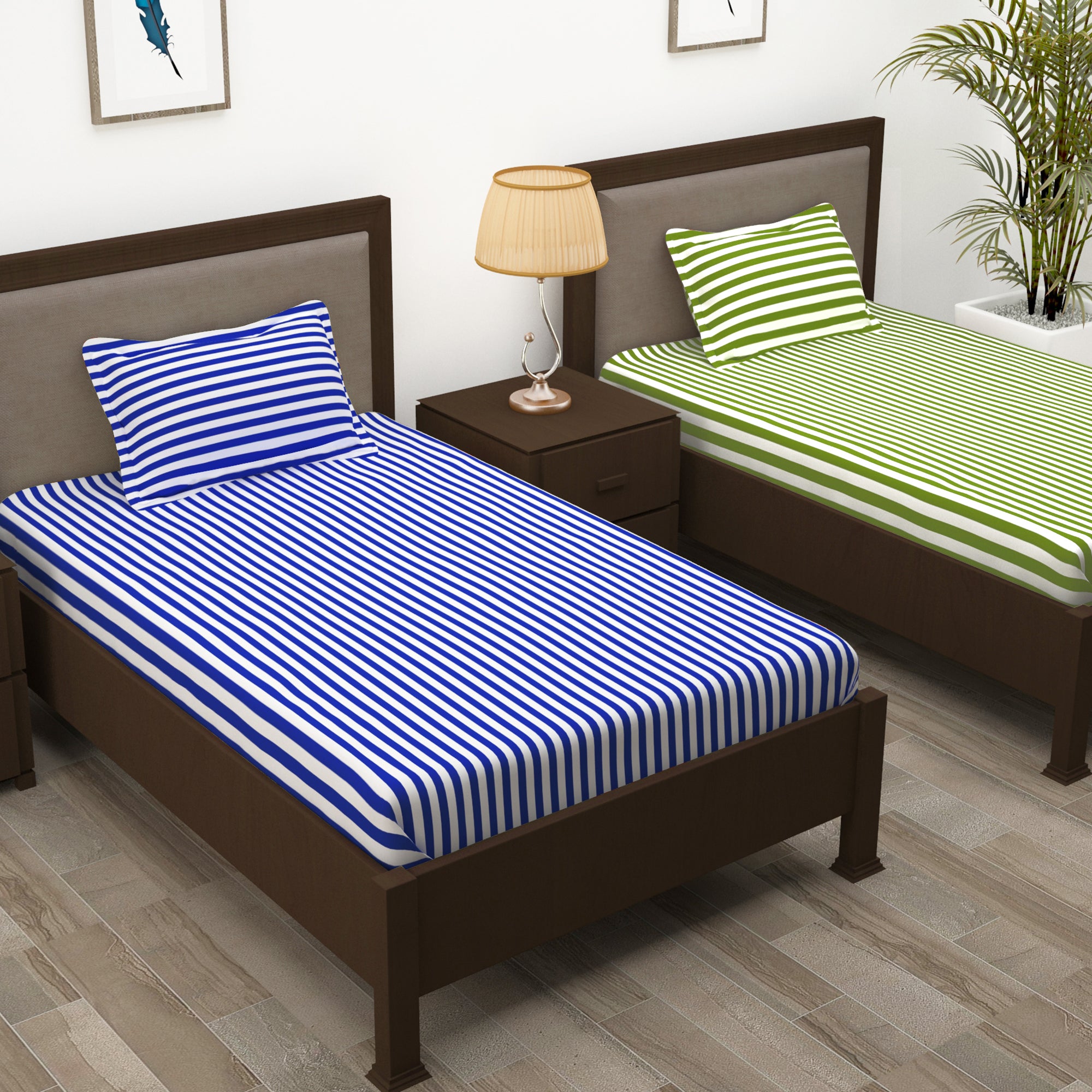 Story@Home 210 TC 100% Cotton Blue & Green 2 Single Bedsheet Combo with 2 Pillow Covers
