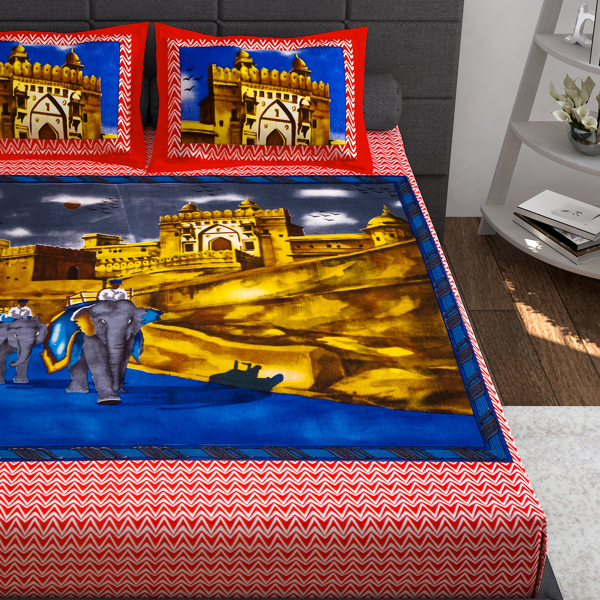 Ventura 152 TC Red Traditional Rajasthani Double Bedsheet