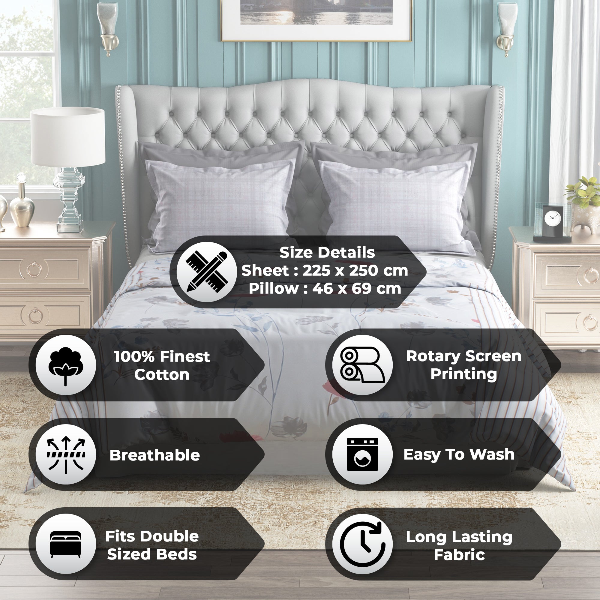 Studio Luxurious 144 TC 100% Cotton Grey Double Bedsheet