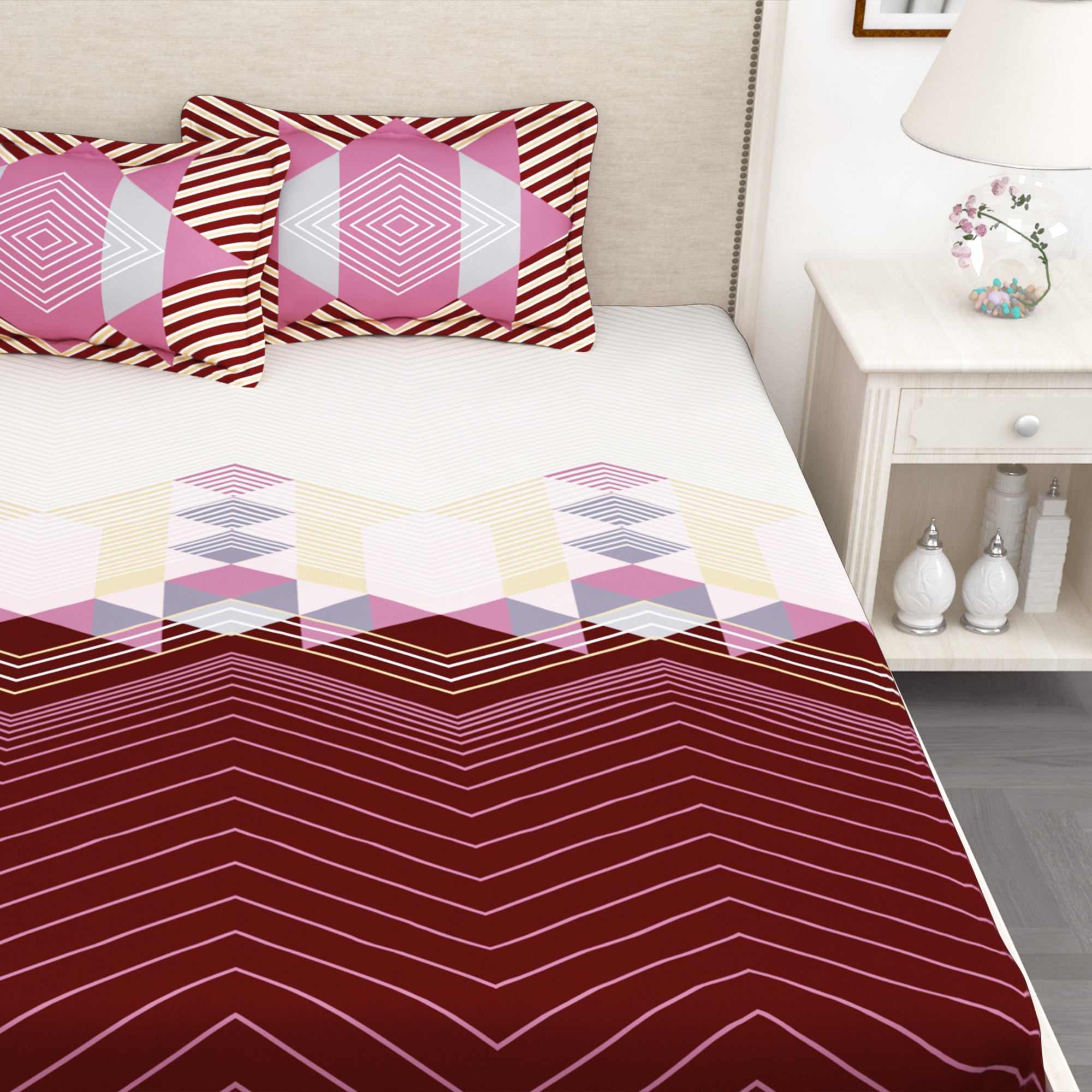 Forever 210 TC Red Geometric King Size Bedsheet