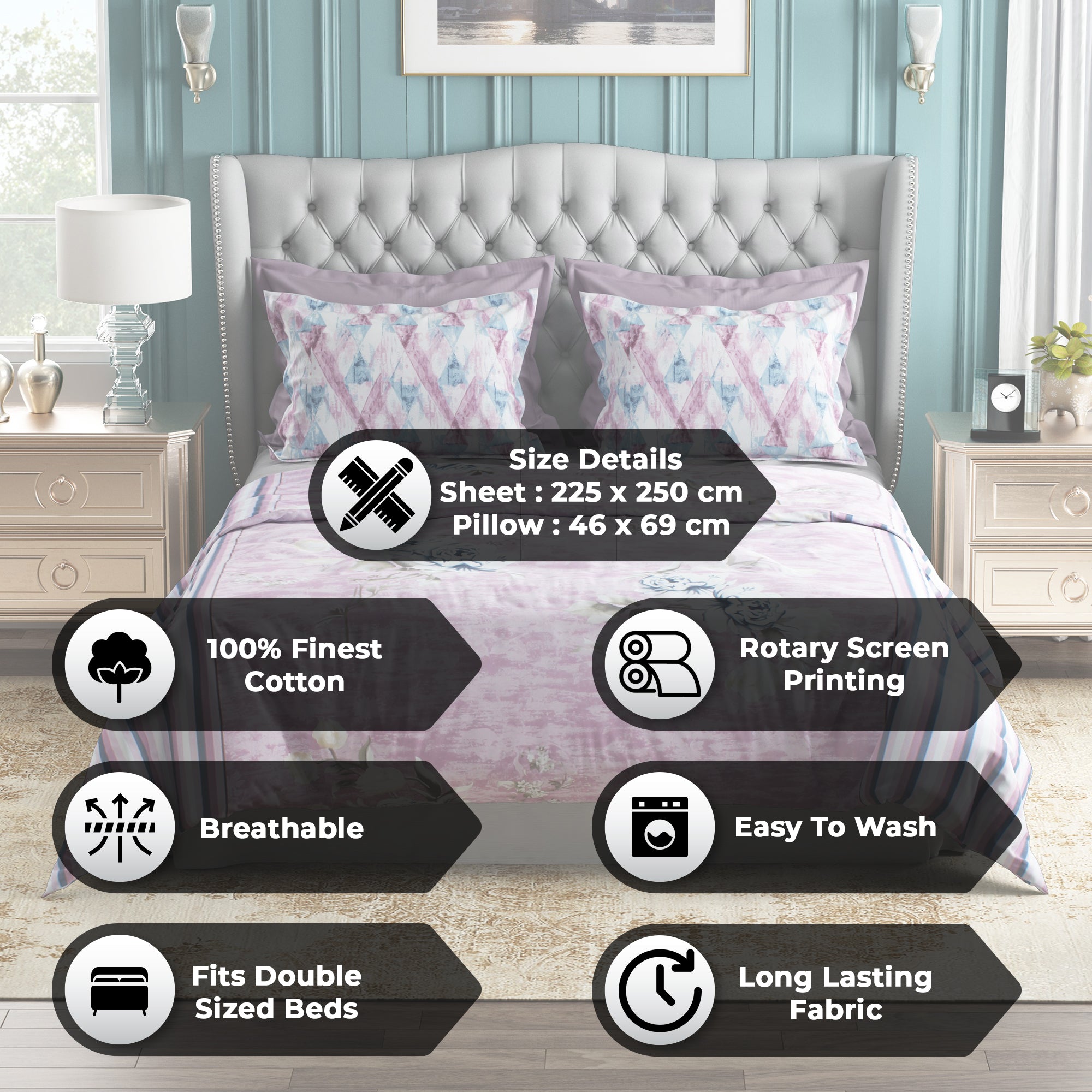 Studio Luxurious 144 TC 100% Cotton Pink Double Bedsheet