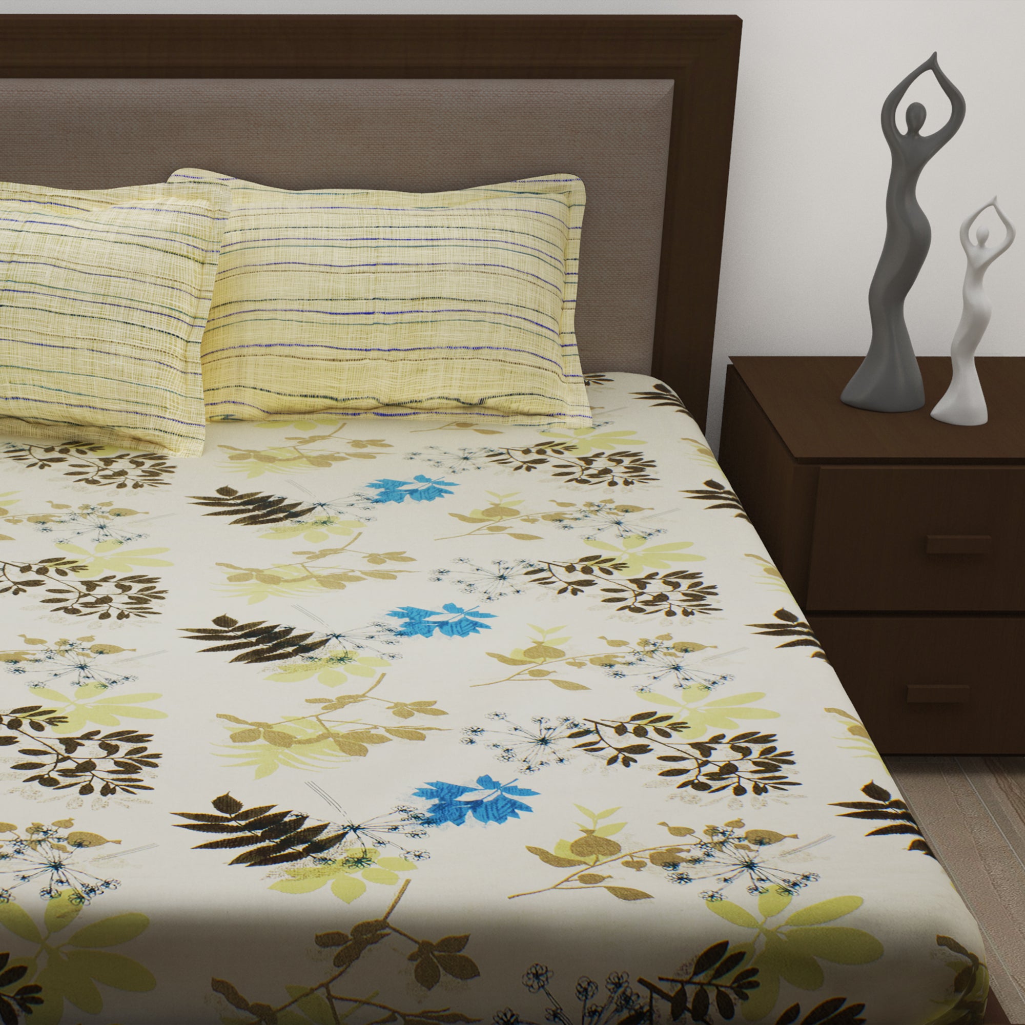 Metro 186 TC Cotton Beige Double Bedsheet with Pillow Covers