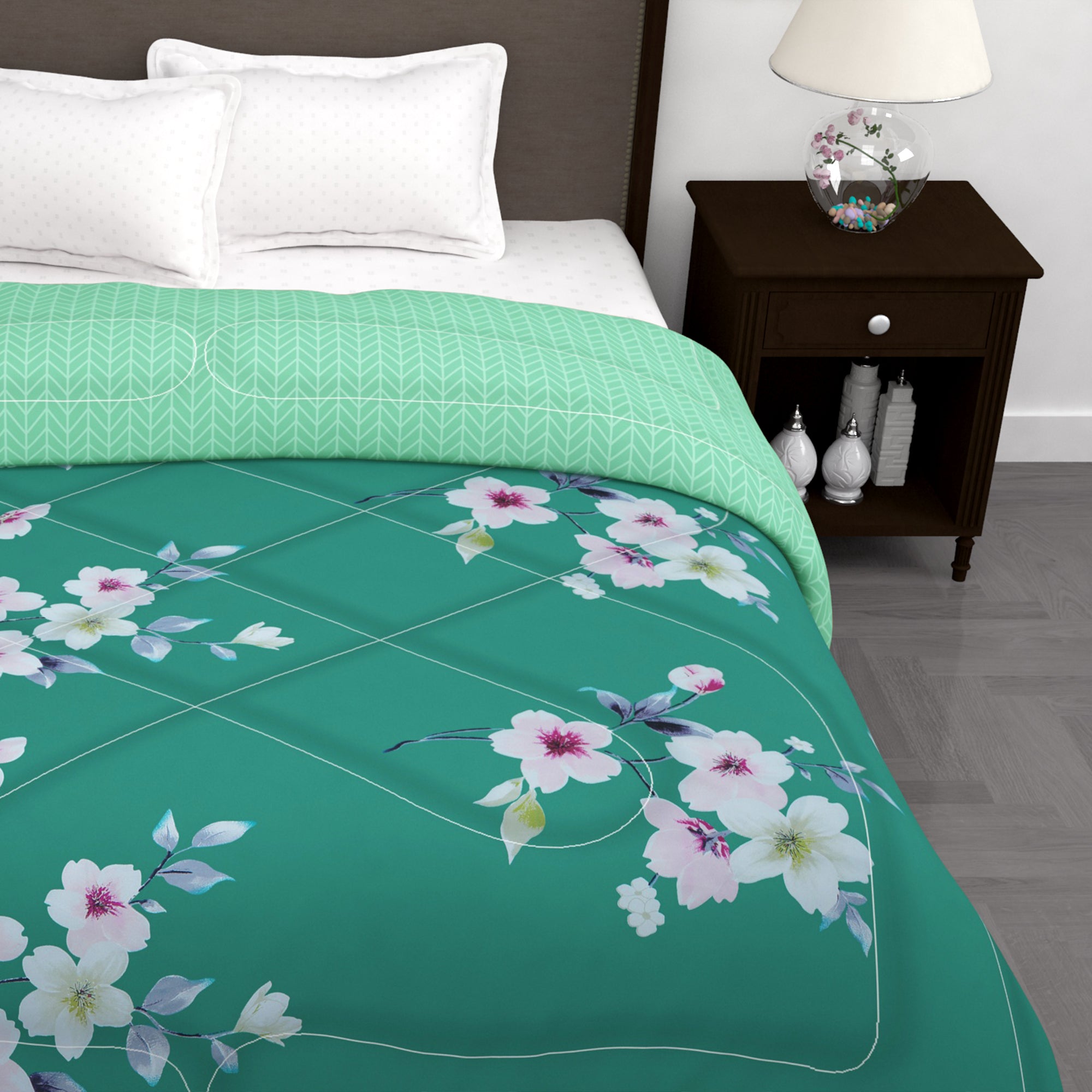 180 GSM Green Floral Microfiber Fusion Reversible Double Comforter