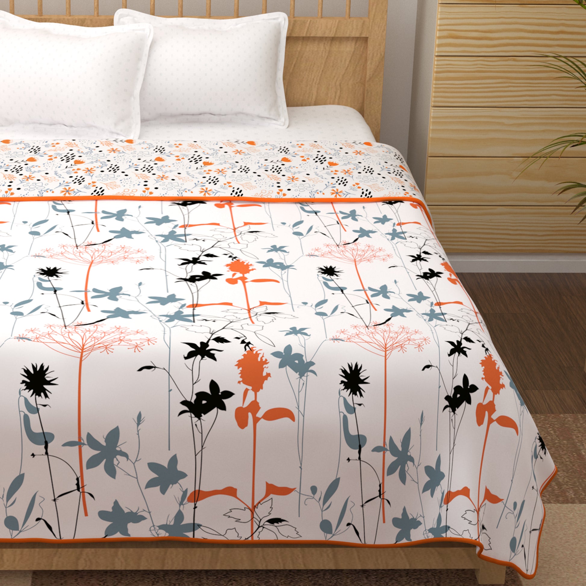 Buy White/Grey Floral Double Bedcover Online in India Story@Home