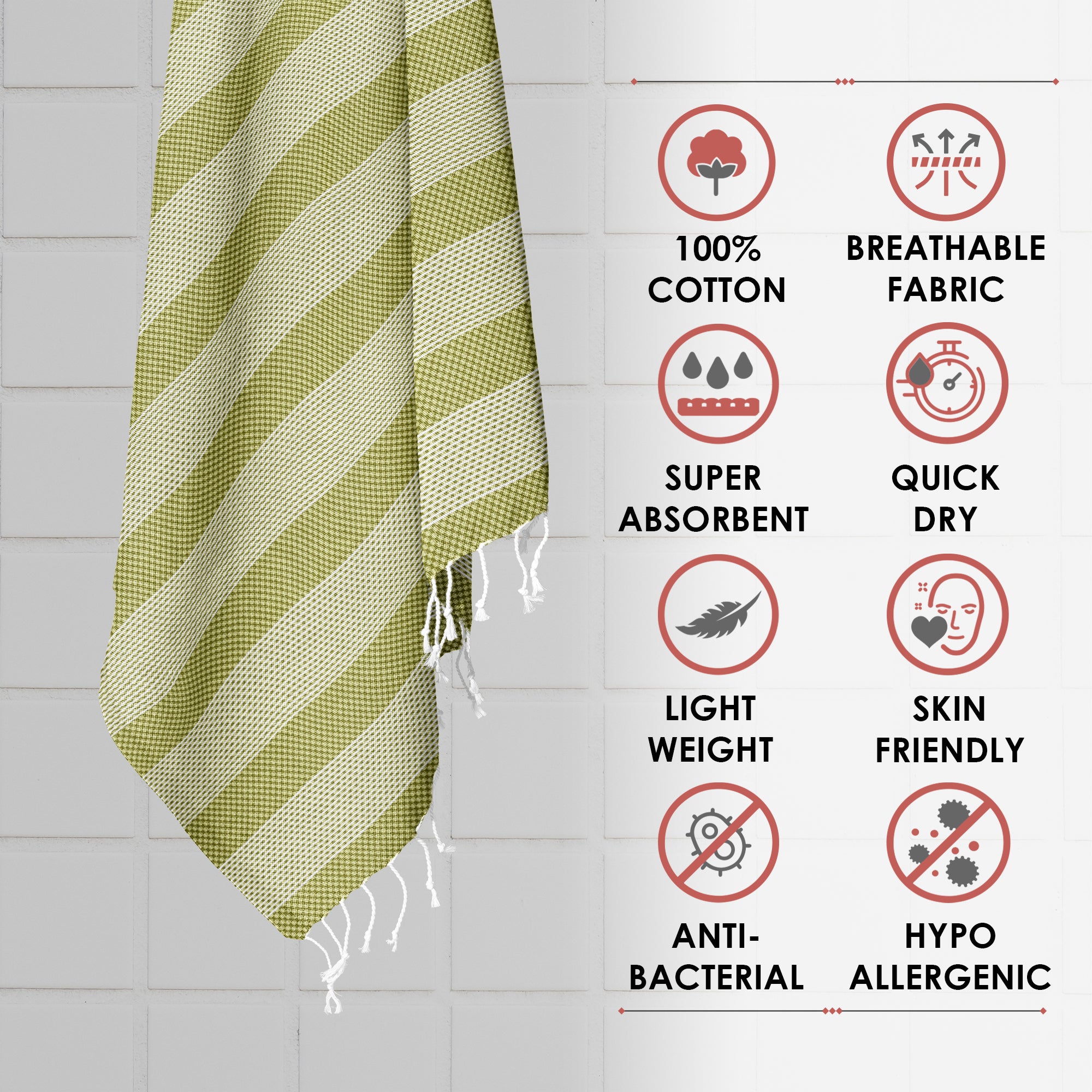 100 % Cotton 200 TC Olive Green Checkered 2 Pcs Bath Towel