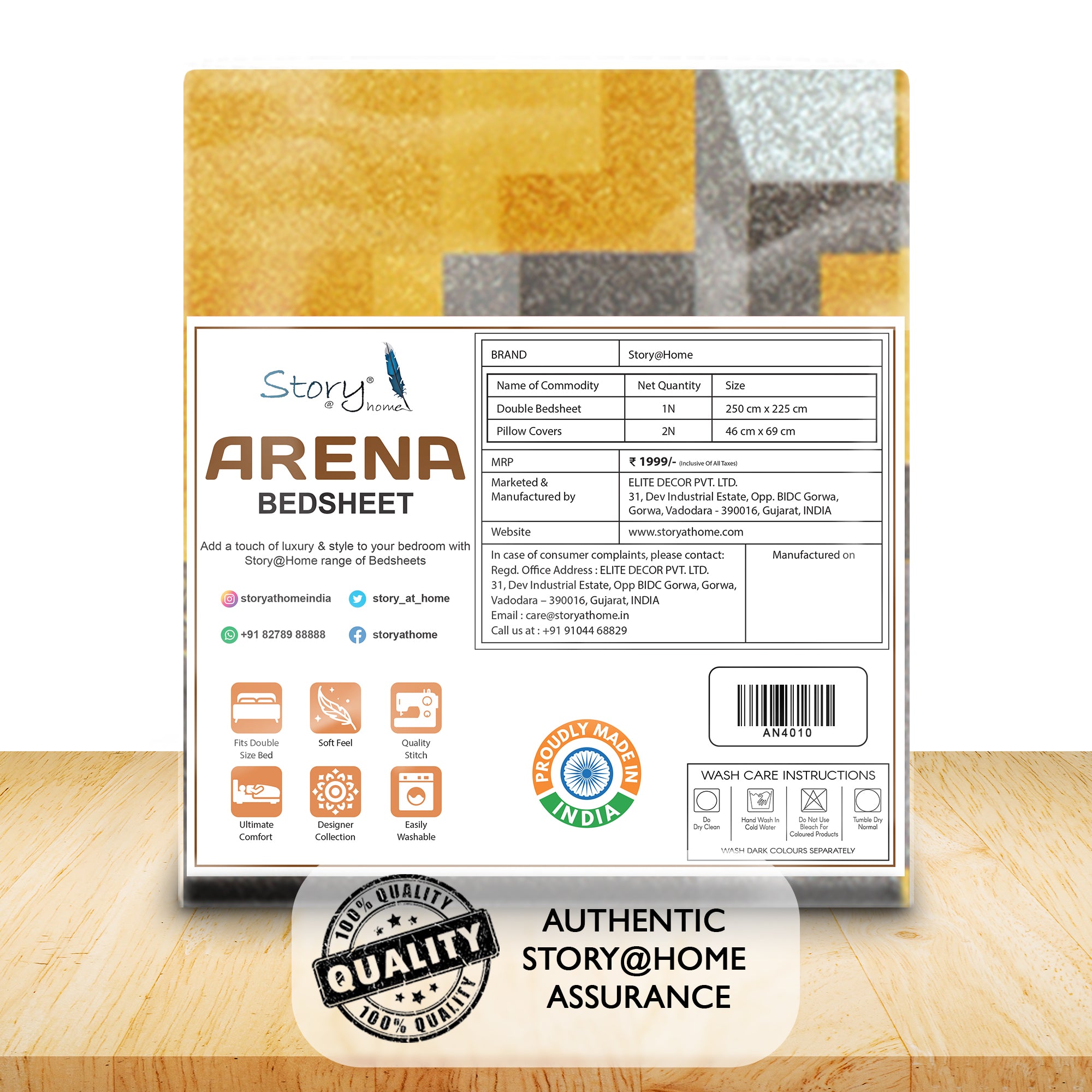 Arena 186 TC Mustard Double Size Bedsheet With 2 Pillow Cover