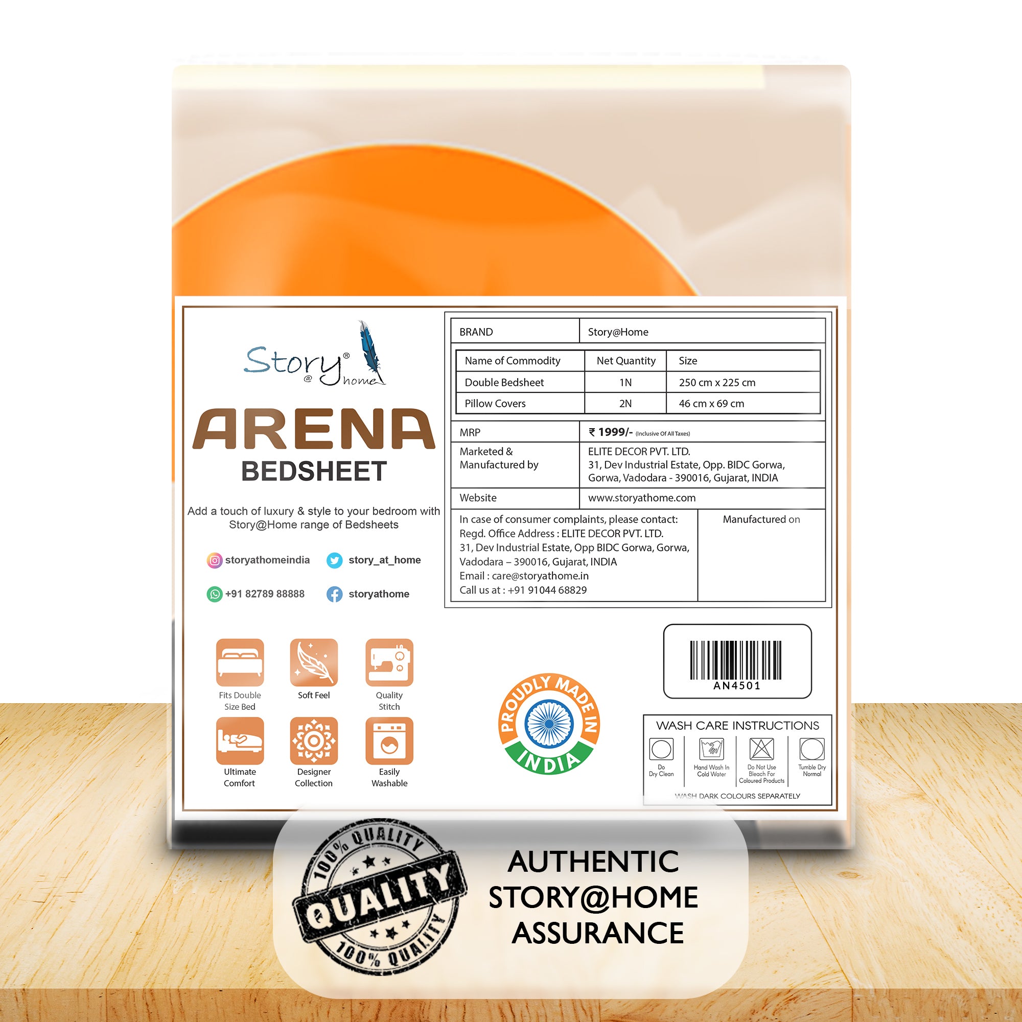Arena 186 TC Cream Double Size Bedsheet With 2 Pillow Cover