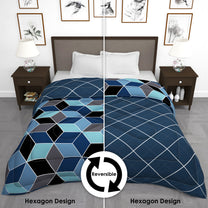 180 GSM Blue Hexagon Microfiber Fusion Reversible Double Comforter