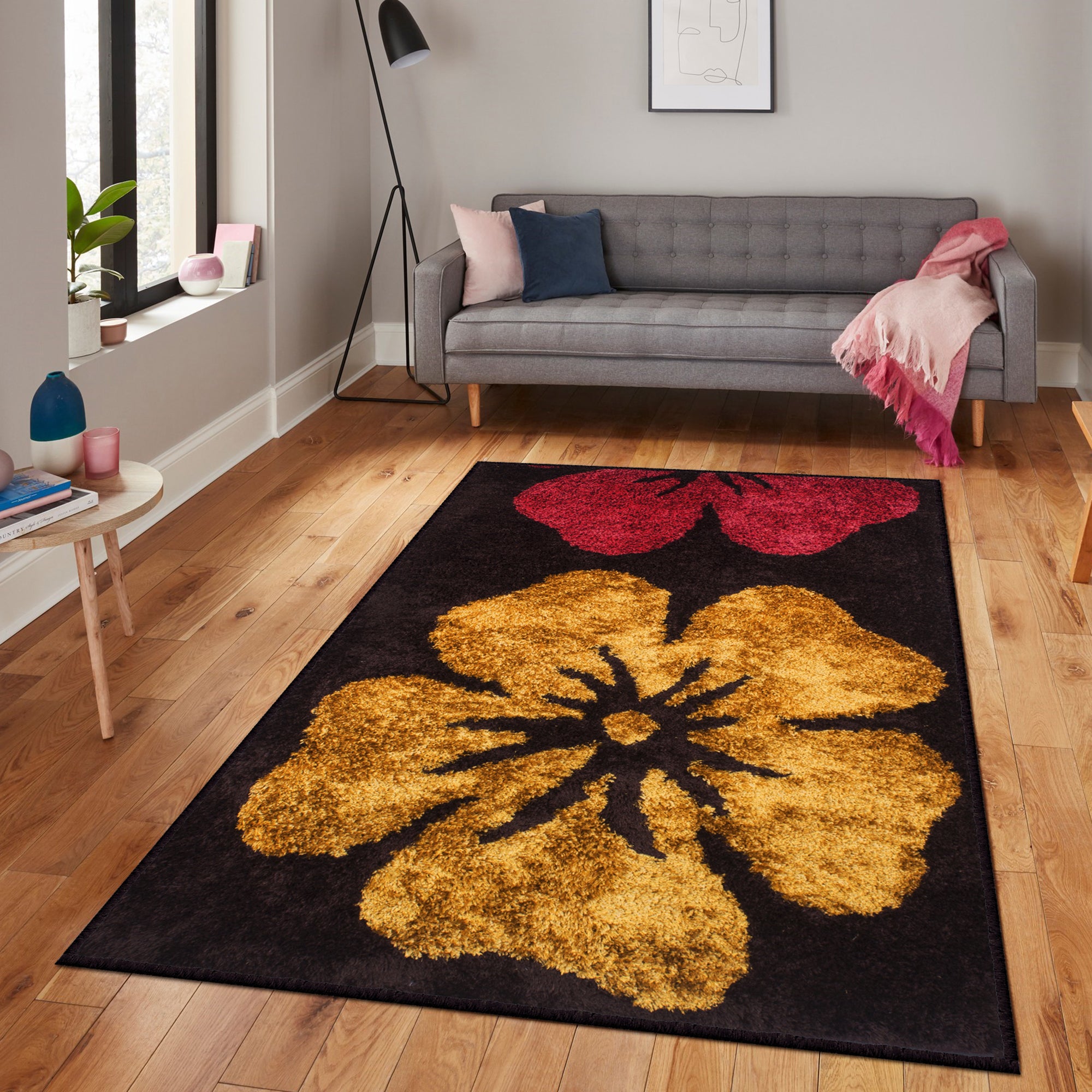 Story@Home Flower Pattern Brown & Yellow 1 PC Carpet