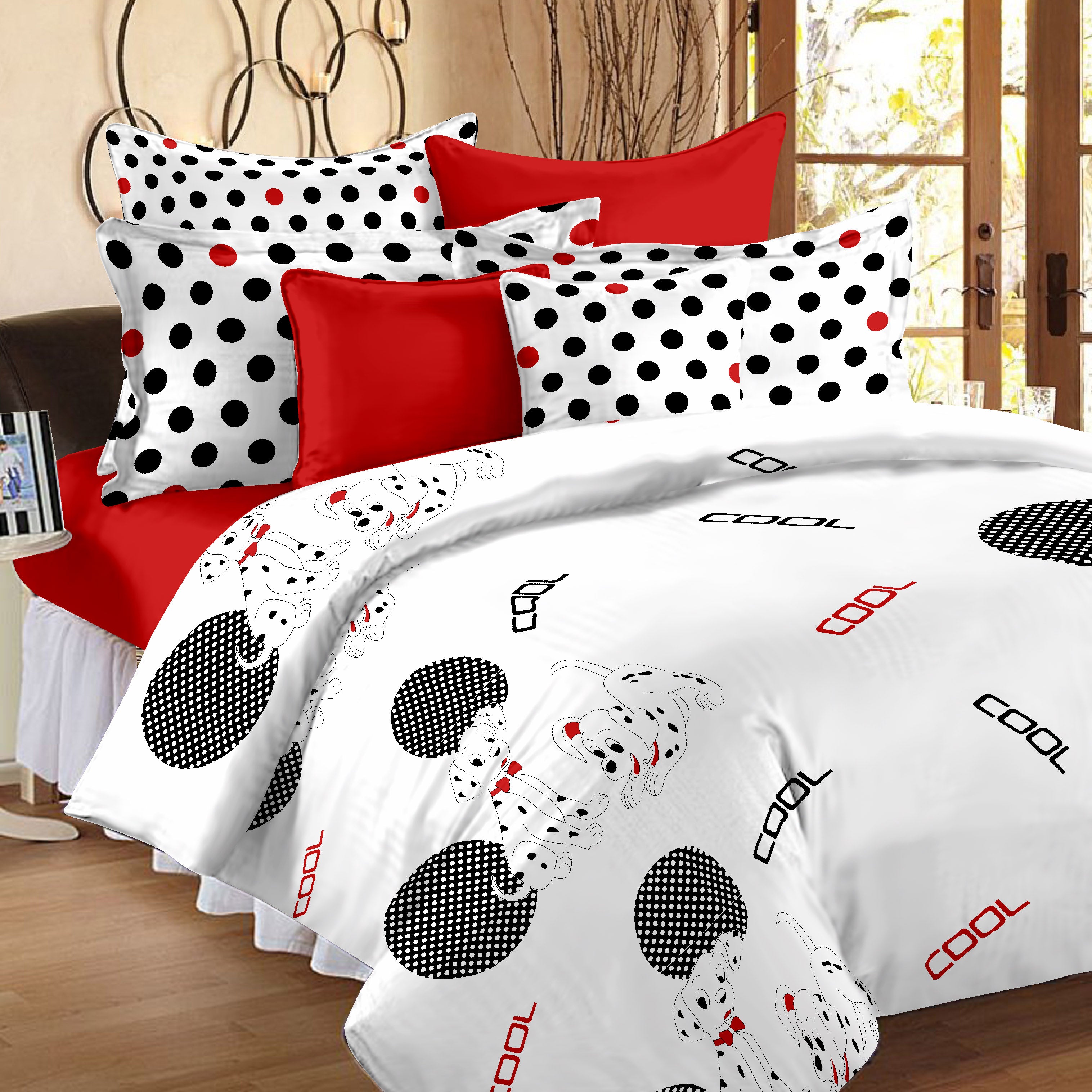 Metro Cotton Double Bedsheets Combo - Pack of 2  - White Printed Floral and Dalmatian / Polka Dots