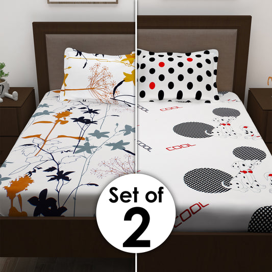 Metro Cotton Double Bedsheets Combo - Pack of 2  - White Printed Floral and Dalmatian / Polka Dots