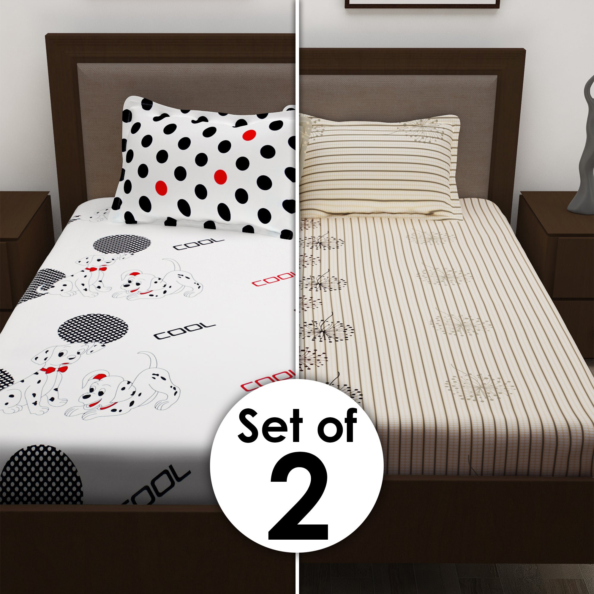 Metro Cotton Double Bedsheets Combo - 186 TC-  Dalmatian / Polka Dots and Floral