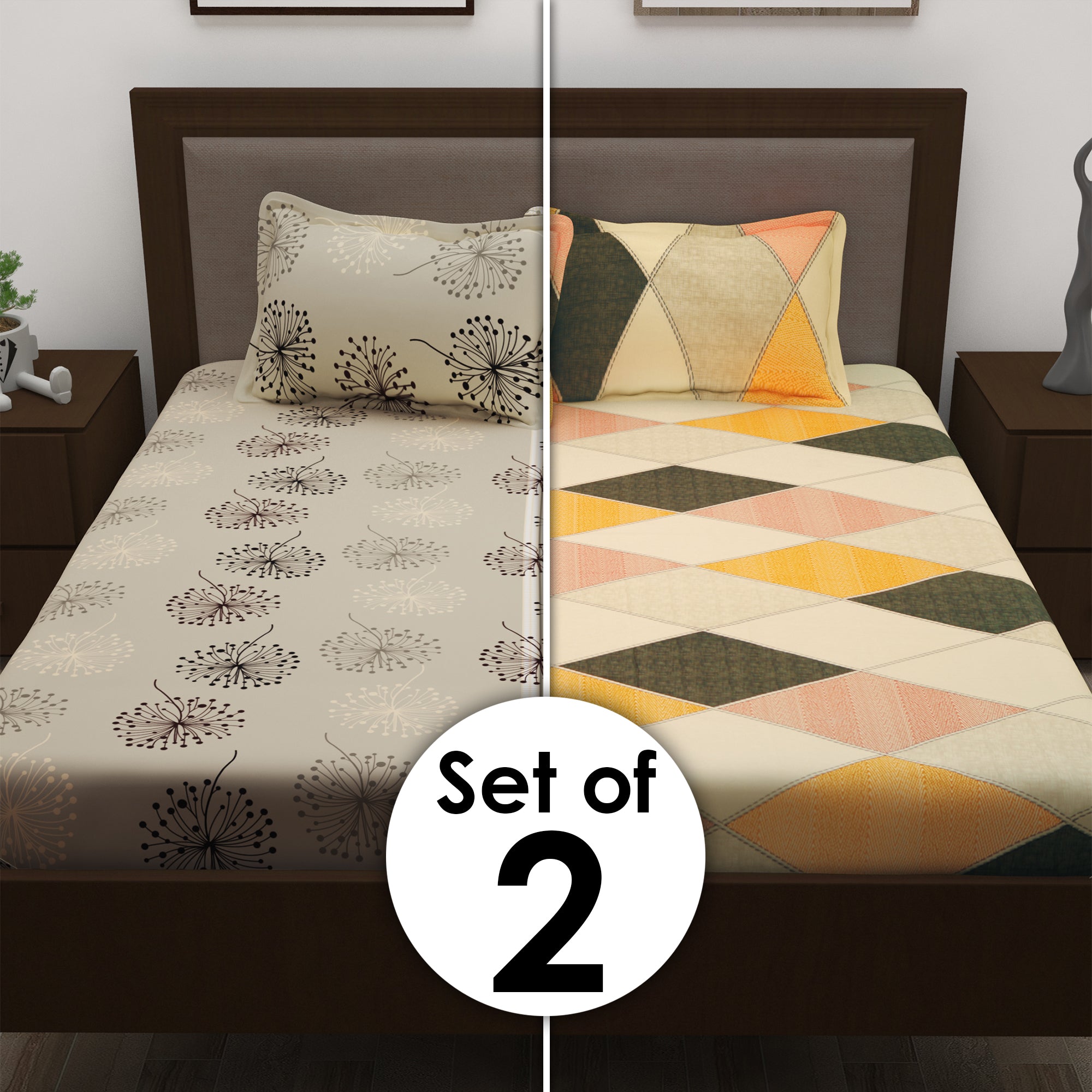 Metro Cotton Double Bedsheets Combo - 186 TC-  Multicolor -Fancy Mix N Match Design