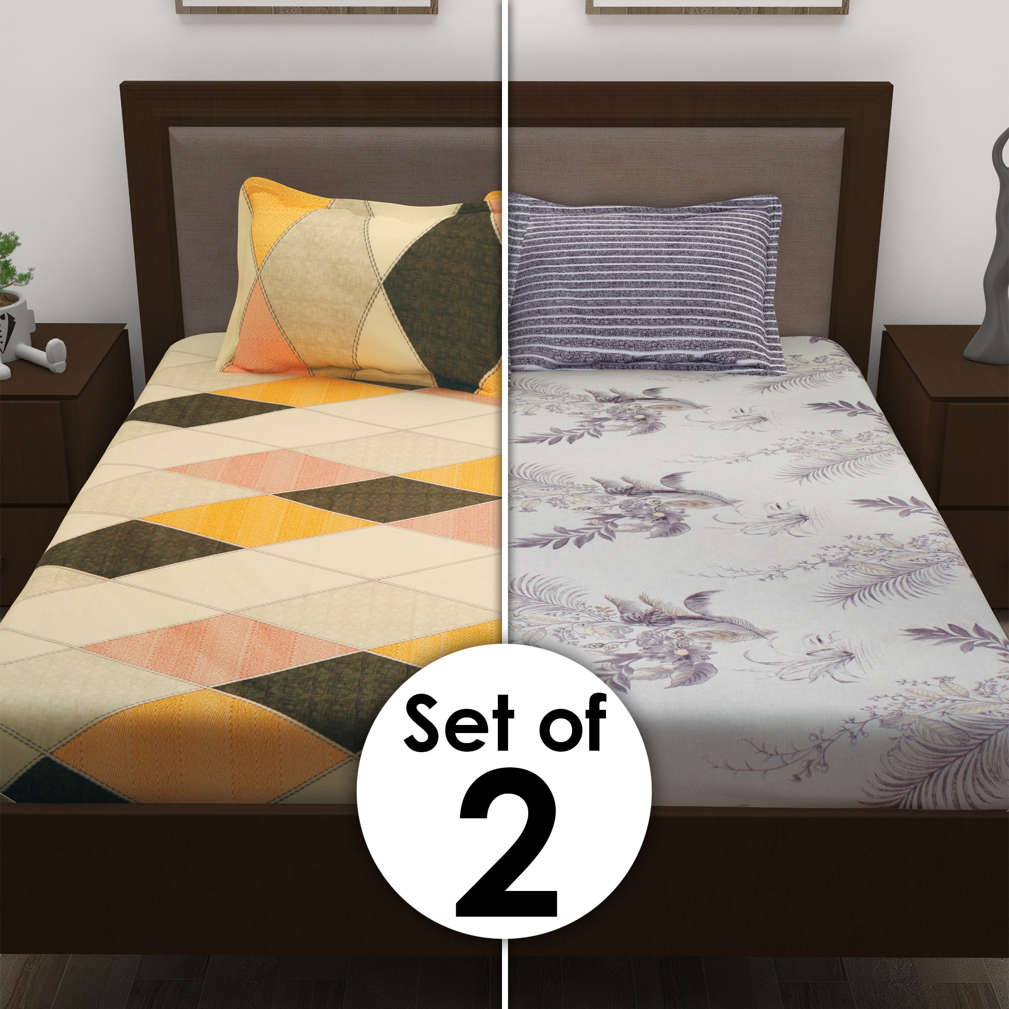Metro Cotton Double Bedsheets Combo - 186 TC- Muticolor and Grey - Fancy Mix N Match Design and Floral